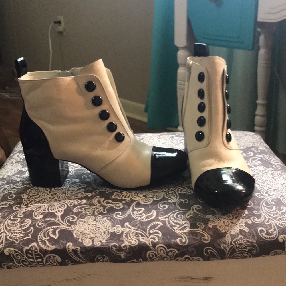 Black and white leather and paten booties